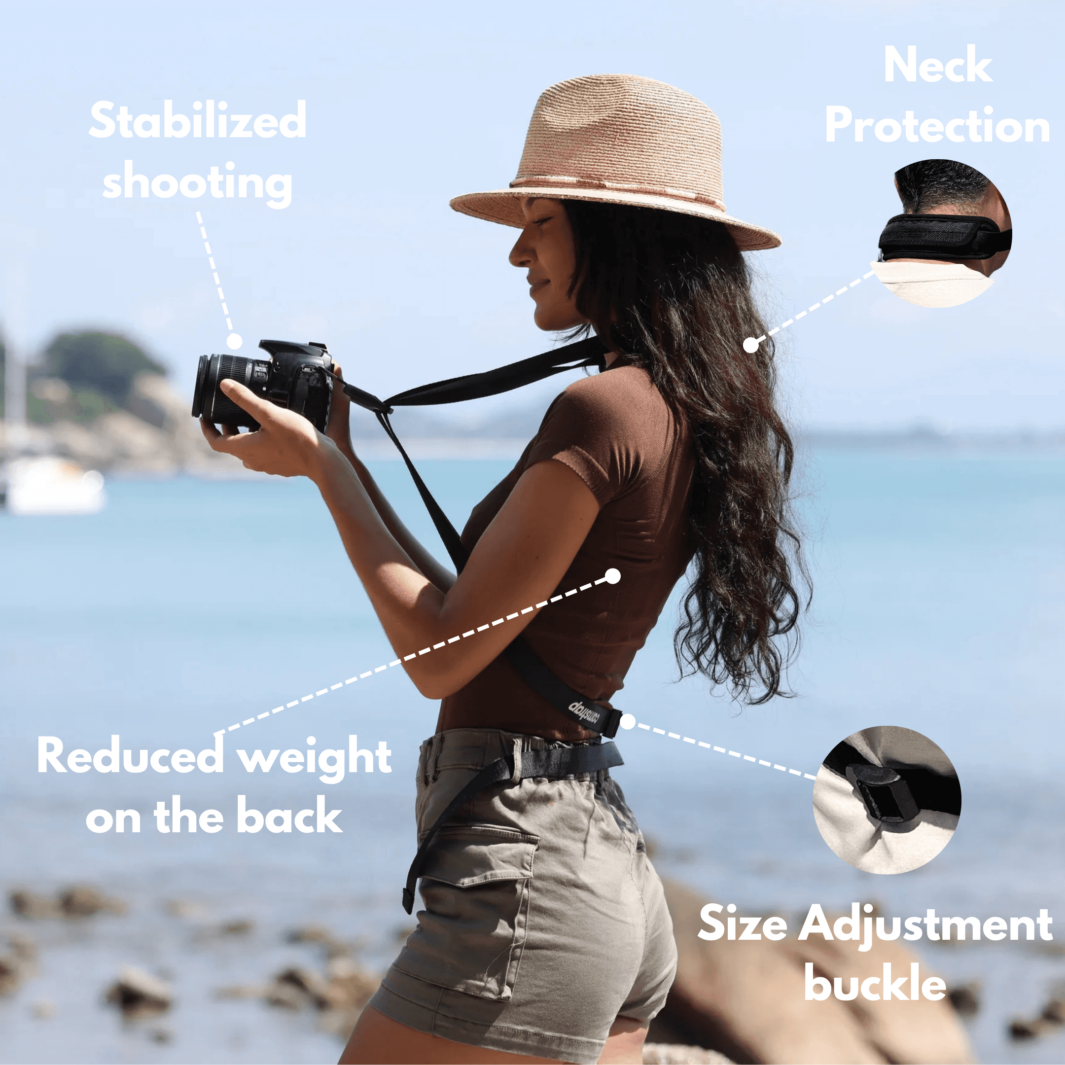 Camstrap Voyager product image showing quick-release clips and sleek design