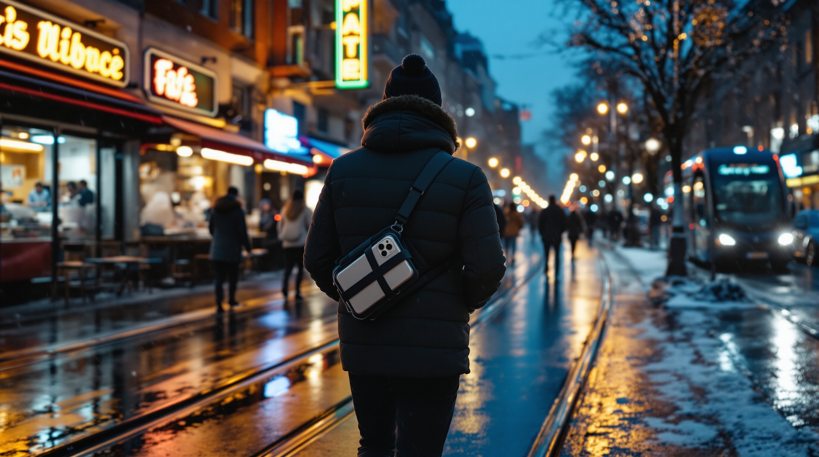 Street photographer using a smartphone on a cold December day in the city