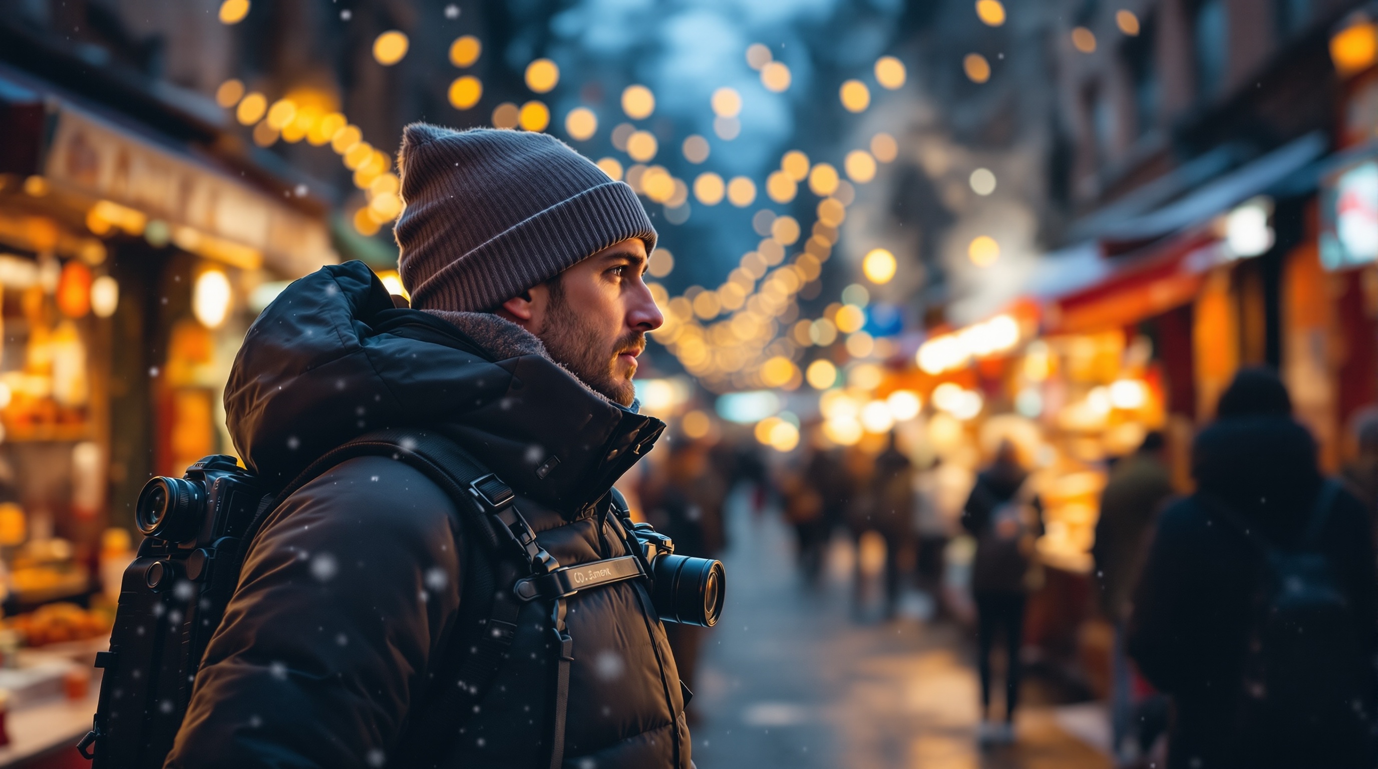 City street at blue hour in December with wet pavement and glowing shop windows