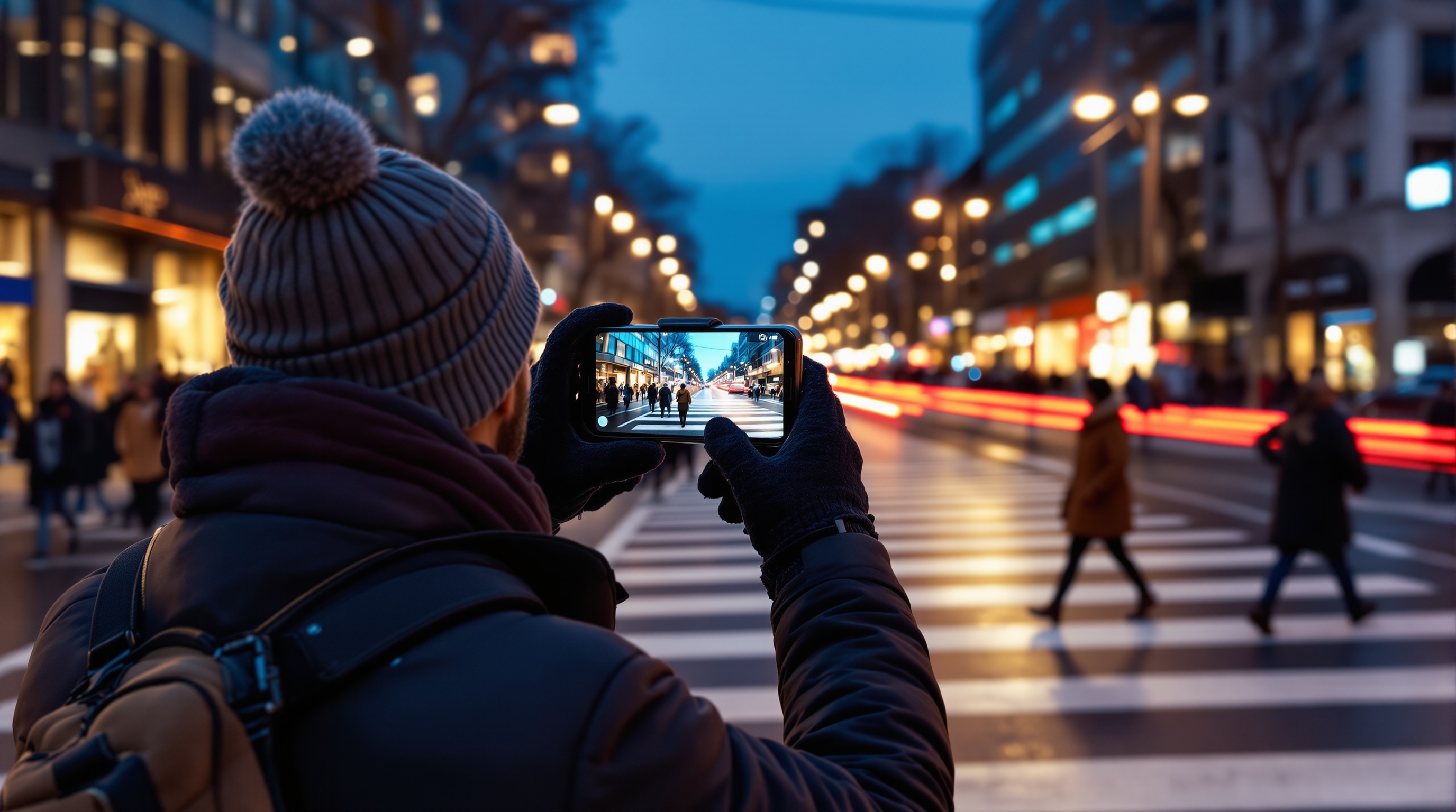 Street photographer waiting at a crosswalk, pre-framing a scene with a smartphone
