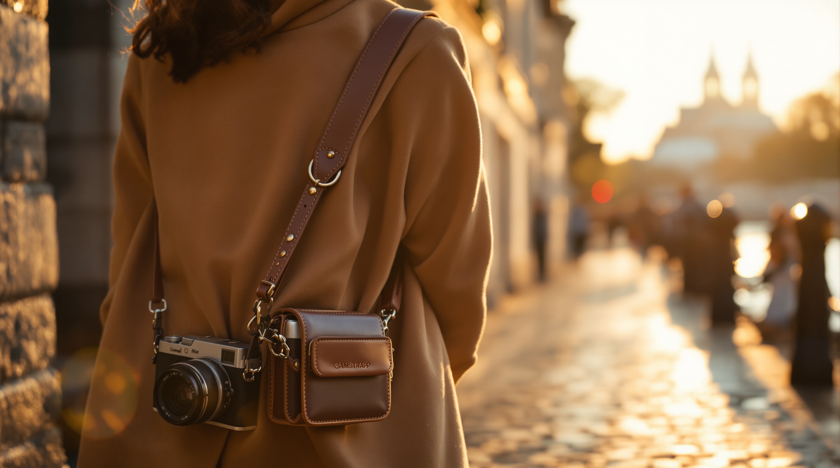 Travel photographer walking through a European city with a camera on a stylish French camera strap