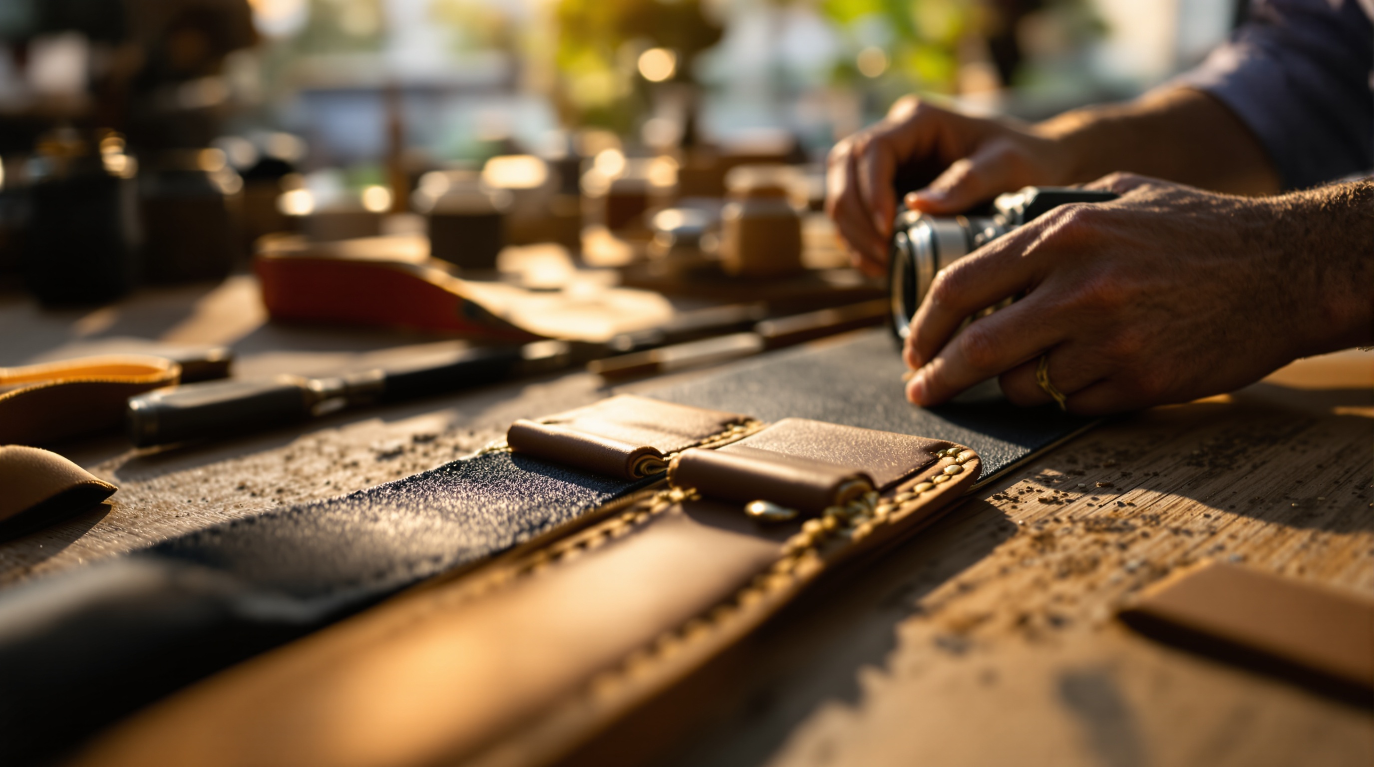 Close-up of artisan hands stitching a leather French camera strap in a workshop
