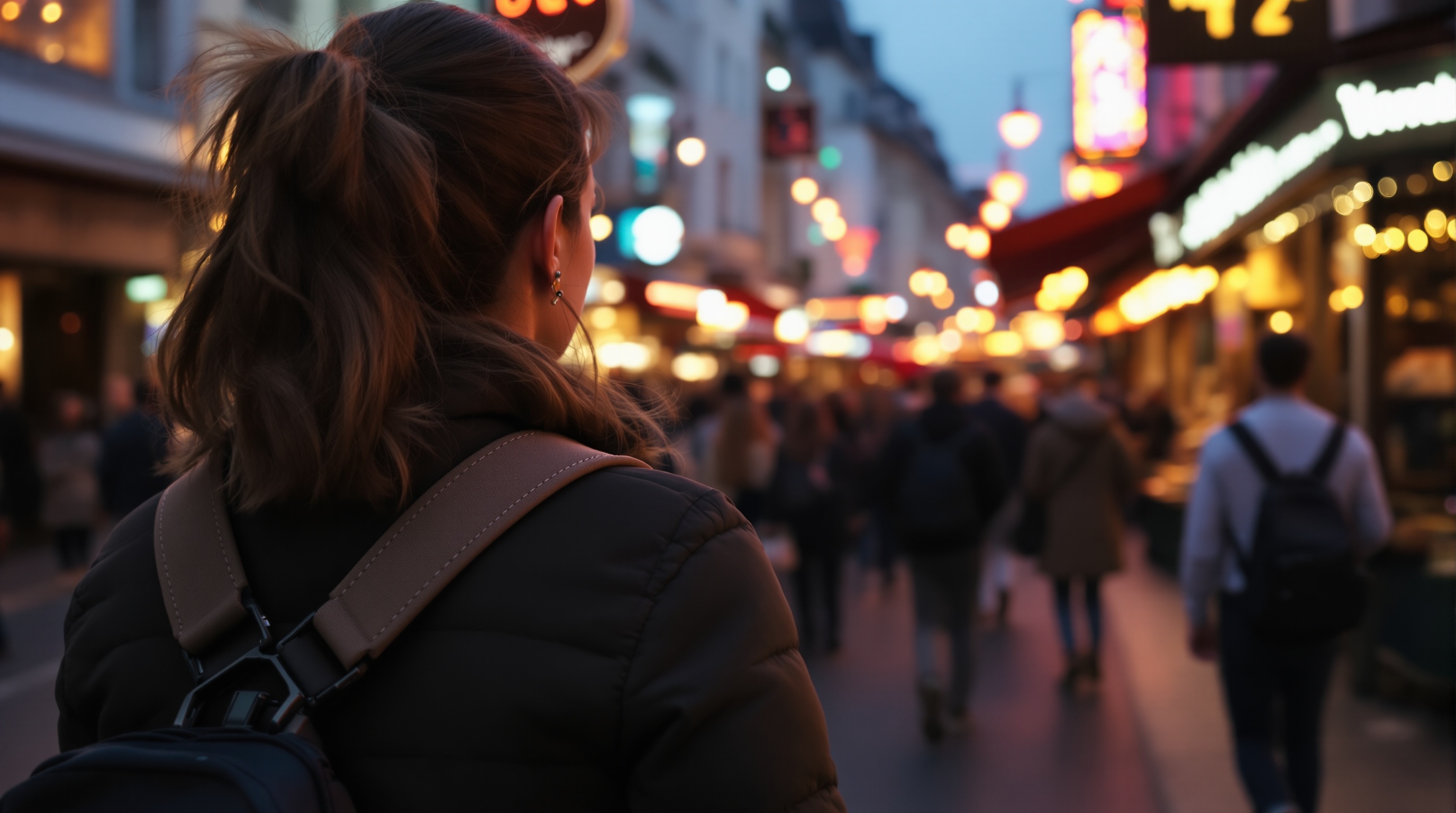 Traveler in a busy market carrying a camera securely on a comfortable French camera strap