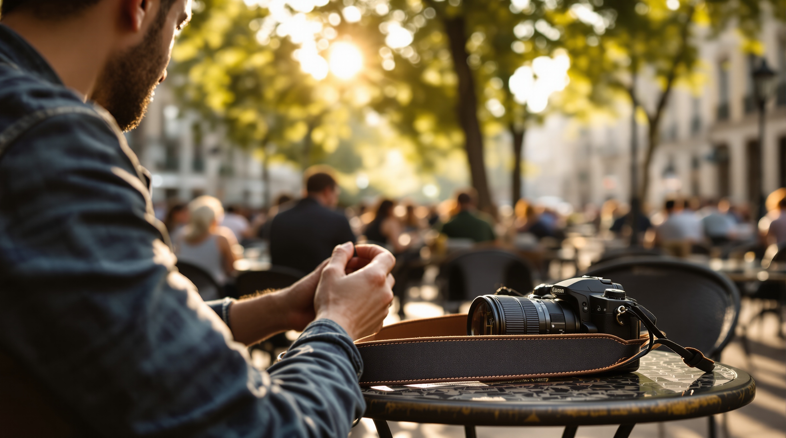 Photographer at sunset comfortably carrying a camera with a padded French camera strap