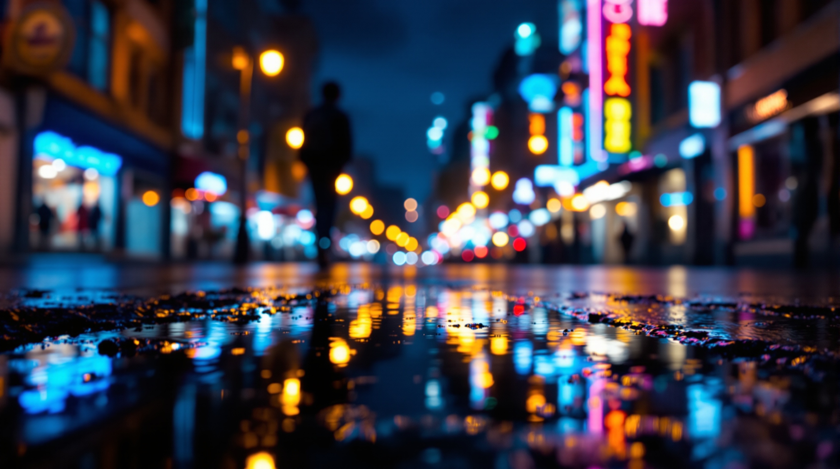 Night city street with glowing lights captured in low light