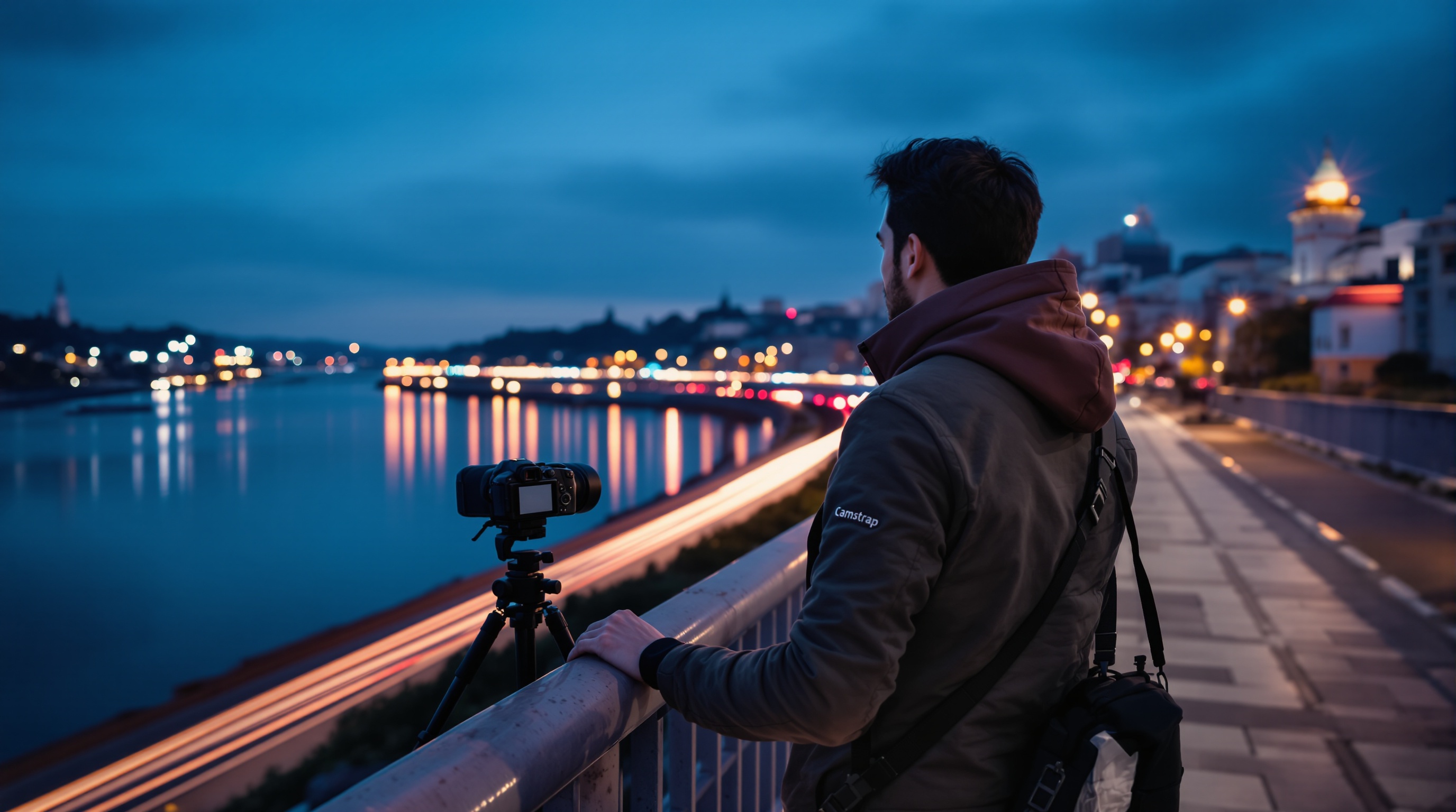 Photographer bracing against a railing to stabilize camera at night