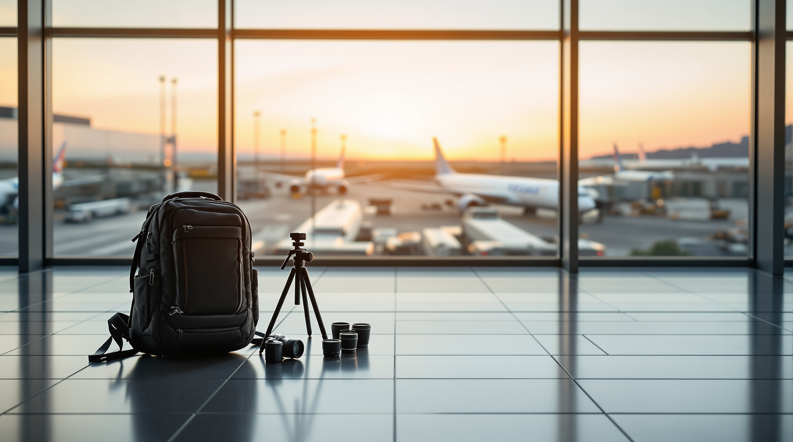 Traveler walking through an airport with a compact camera bag and carry-on luggage