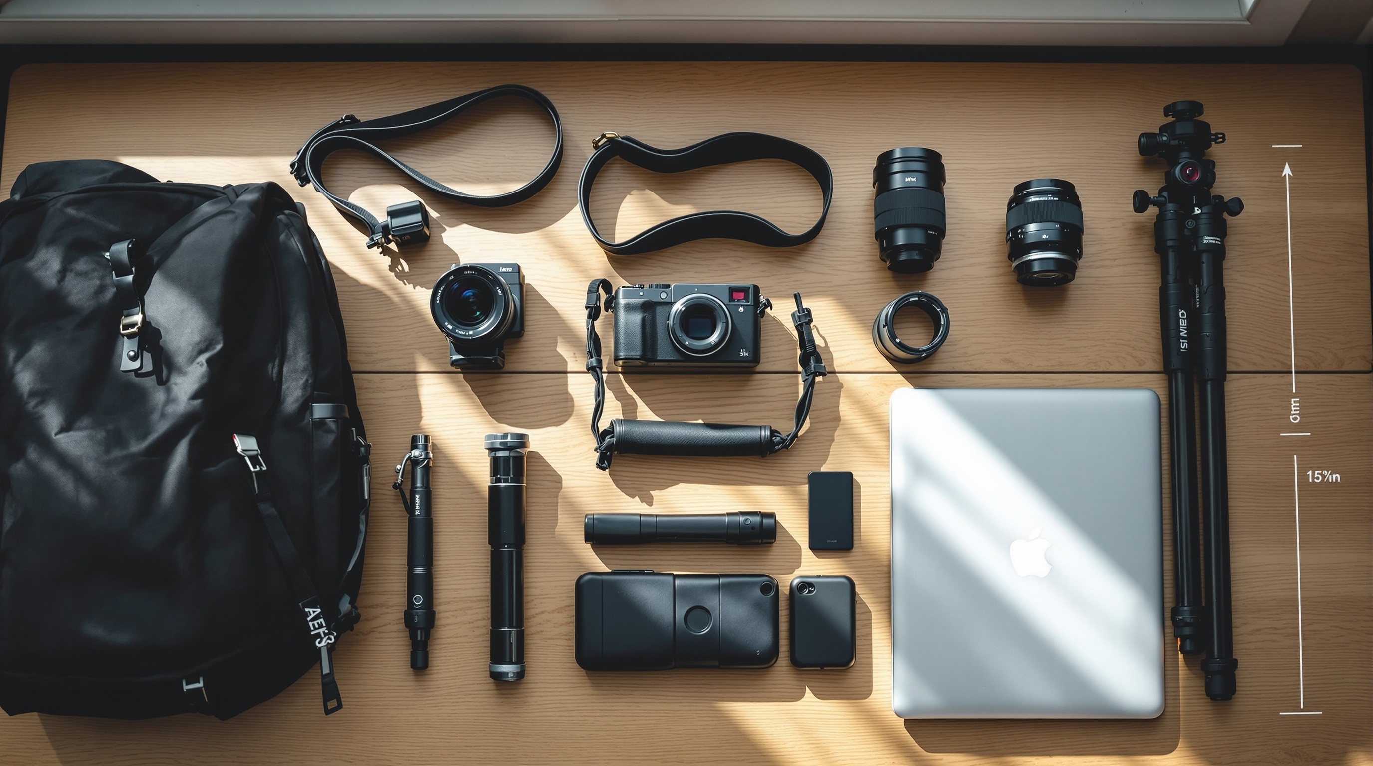 Flat lay of a minimalist travel camera kit with camera, lenses, strap, and small accessories