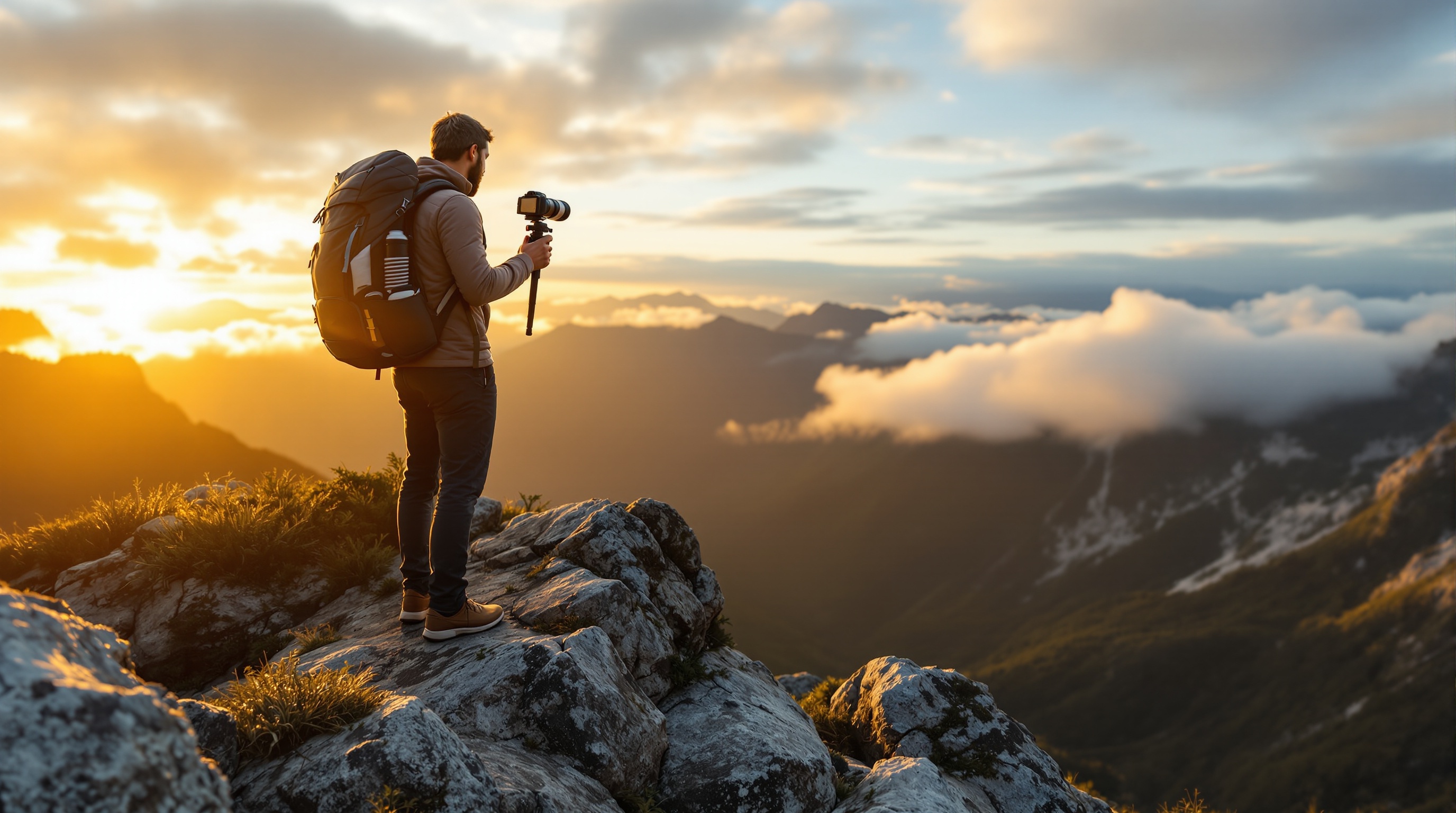 Traveler photographing a city skyline with a small camera from a rooftop