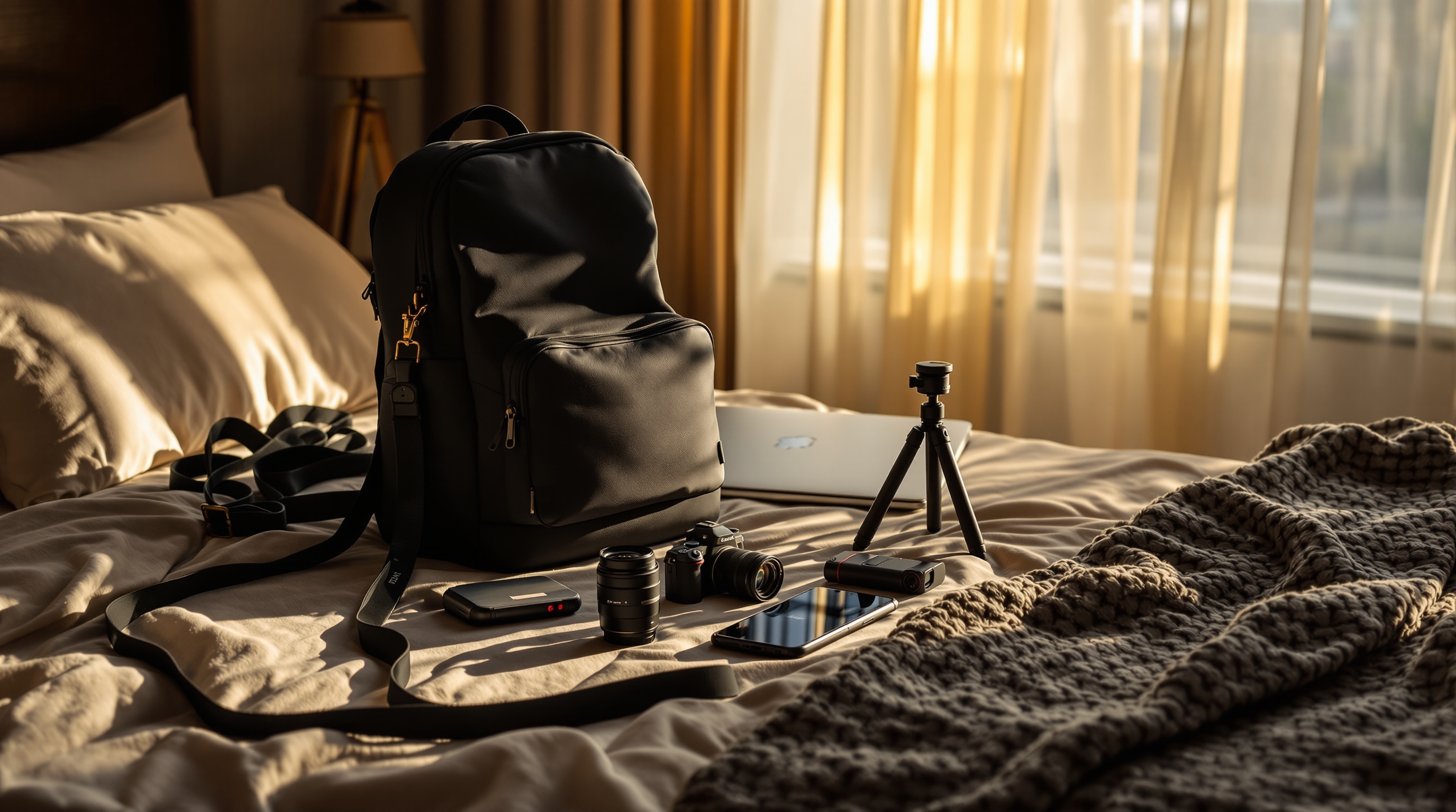Compact cameras and lenses arranged on a table next to a passport and boarding pass