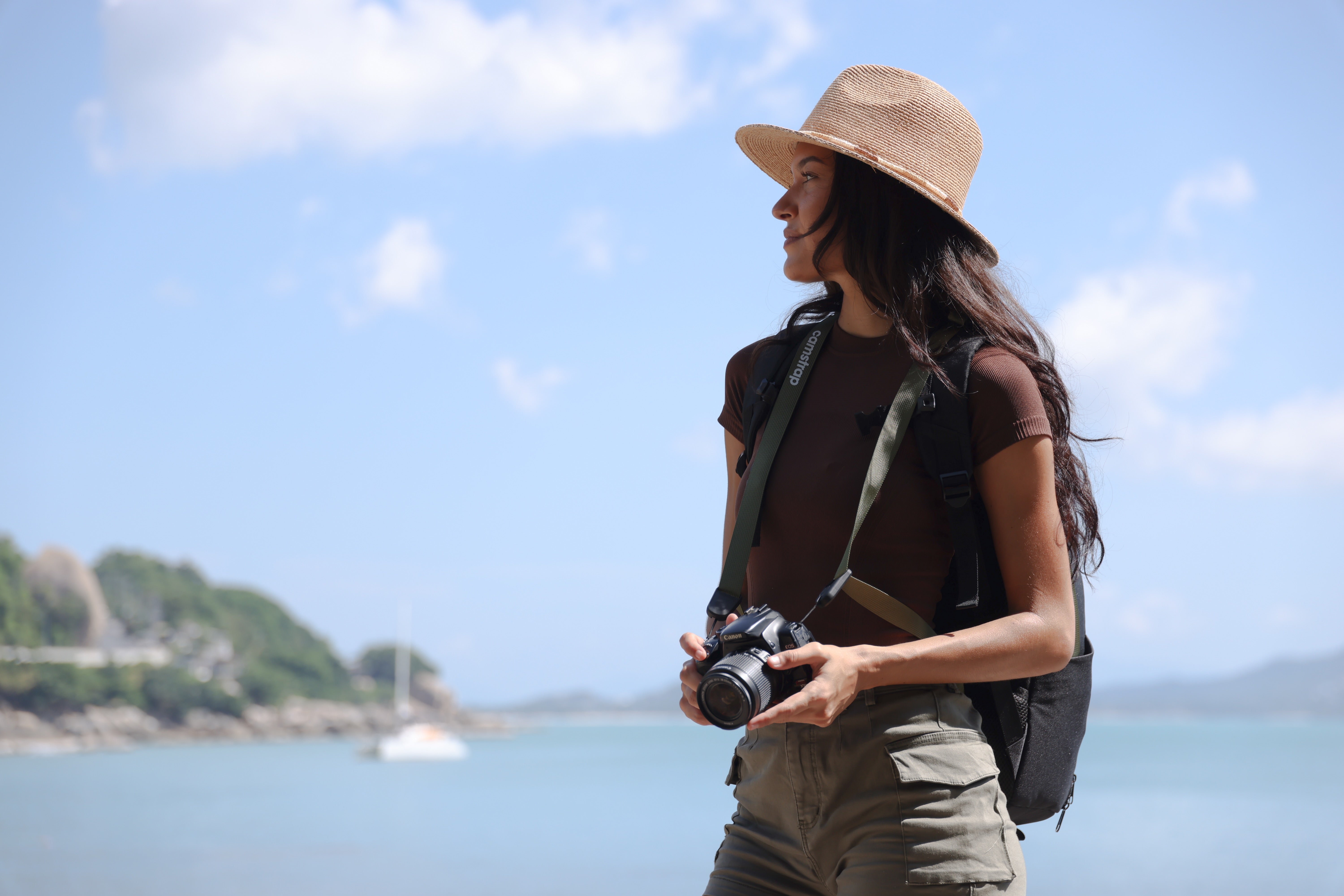 Amateur photographer with family using a simple mirrorless camera and strap on vacation