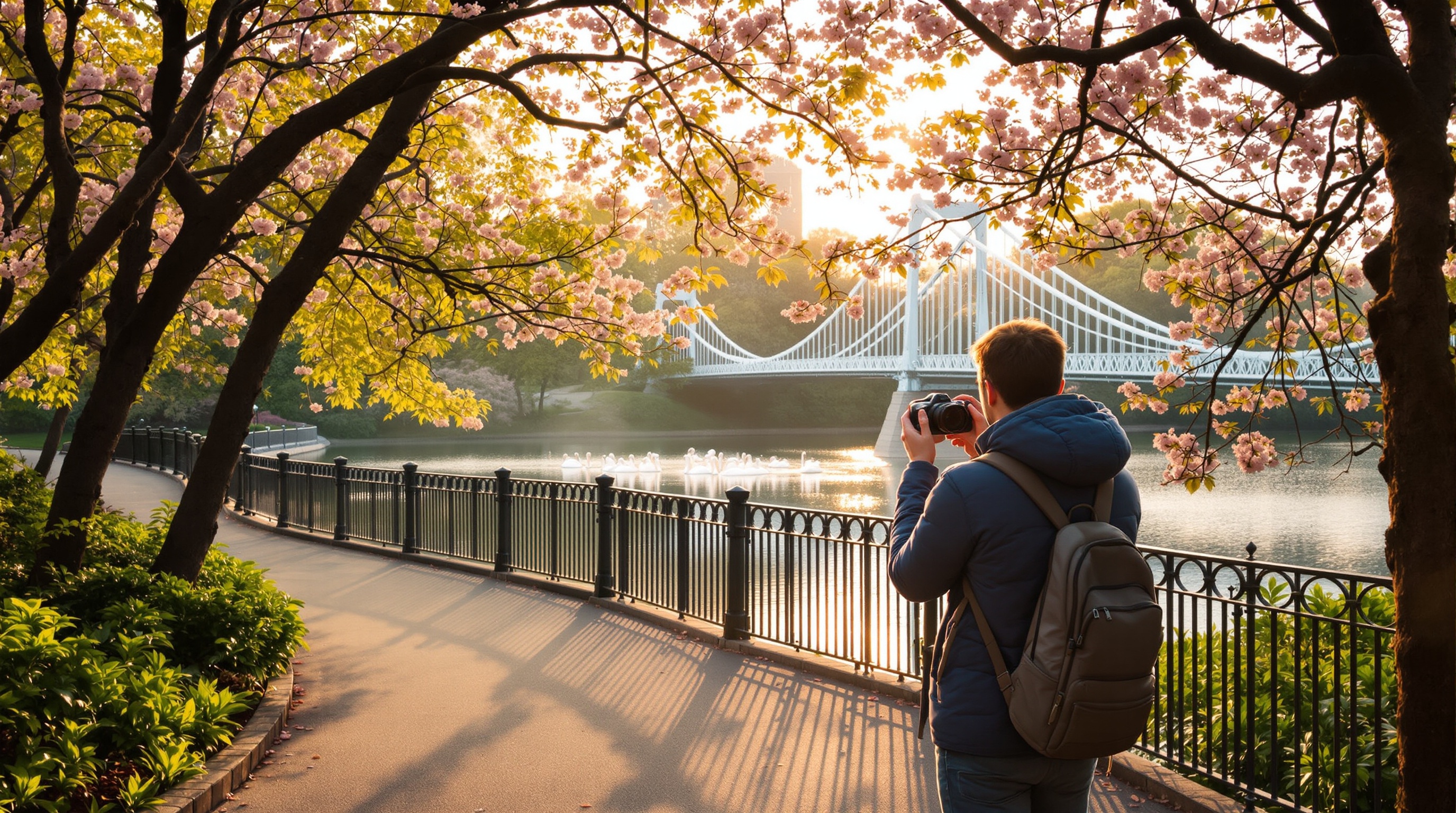 Boston skyline and harbor during golden hour with warm light on buildings and water